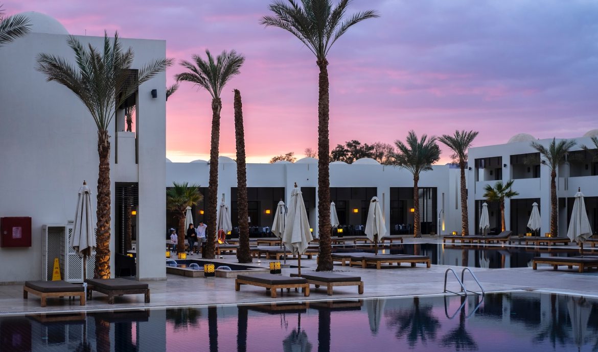 a large swimming pool surrounded by palm trees