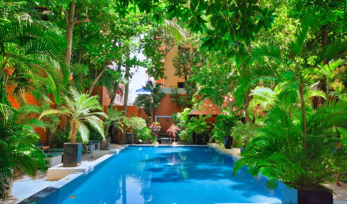 a swimming pool surrounded by trees and plants