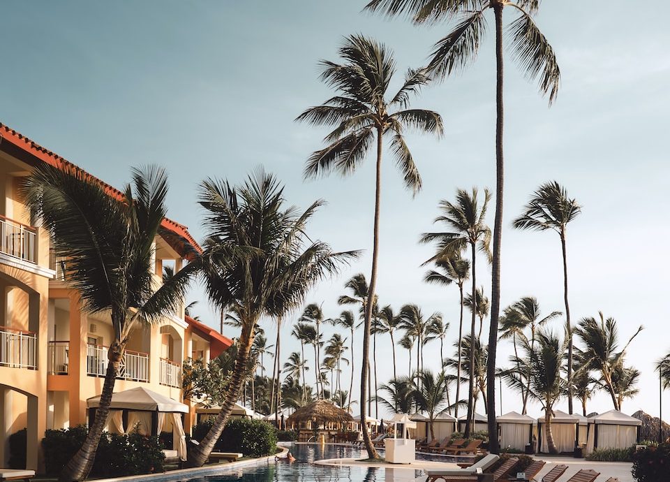 brown wooden lounge chairs near pool surrounded by palm trees